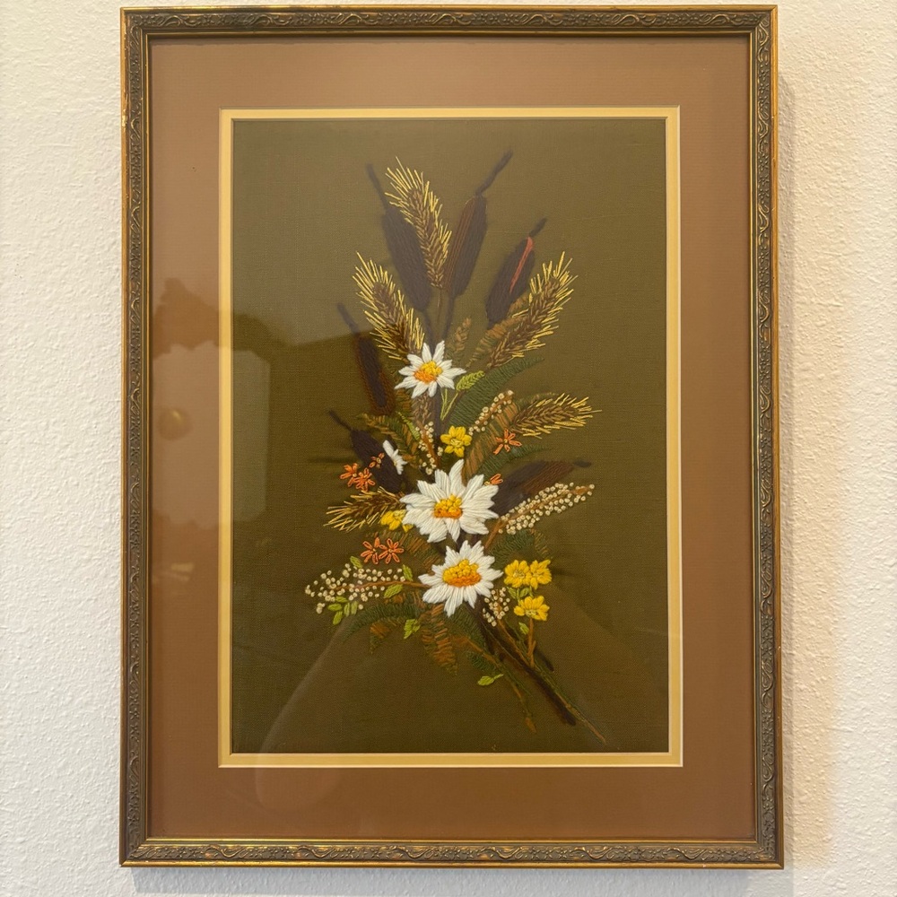 VTG Floral Crewel Embroidery Wall Art